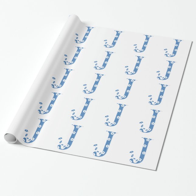 Blomalfabet J (blå och prickar) Presentpapper (Utrullad)