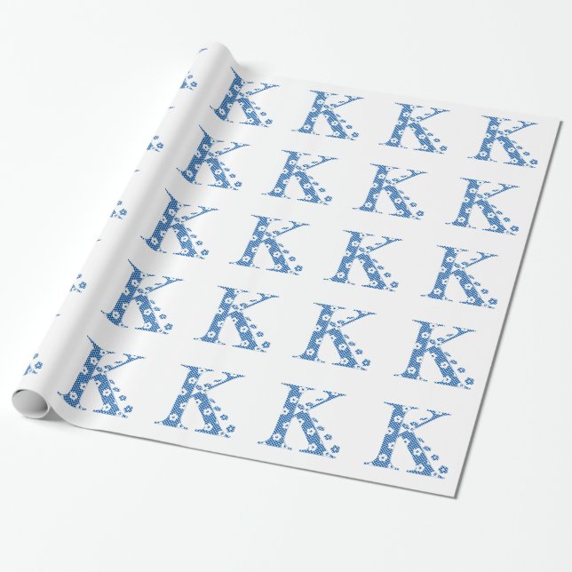 Blomalfabet K (blå och prickar) Presentpapper (Utrullad)