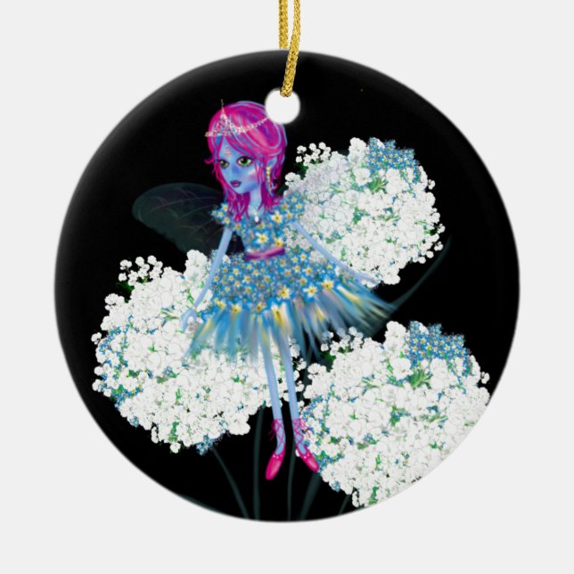 Blomälva konst av LeahG blå rosa svart vit Julgransprydnad Keramik (Framsidan)