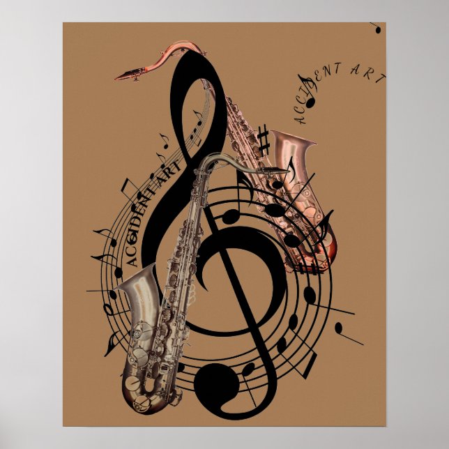 Blomande musikaliska symboler med saxofoner på en poster (Framsidan)