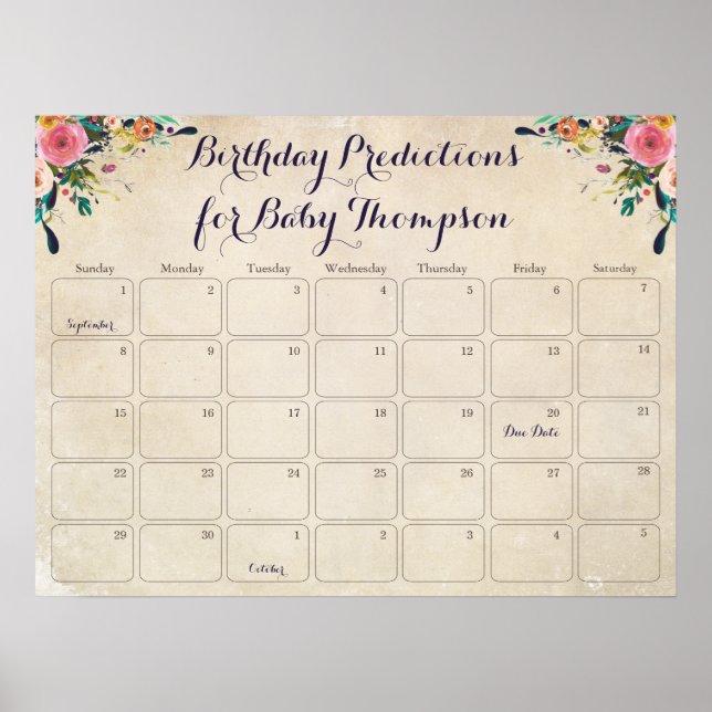 Blombabyshower Födelsedags Förutsägelsekalender Poster (Framsidan)