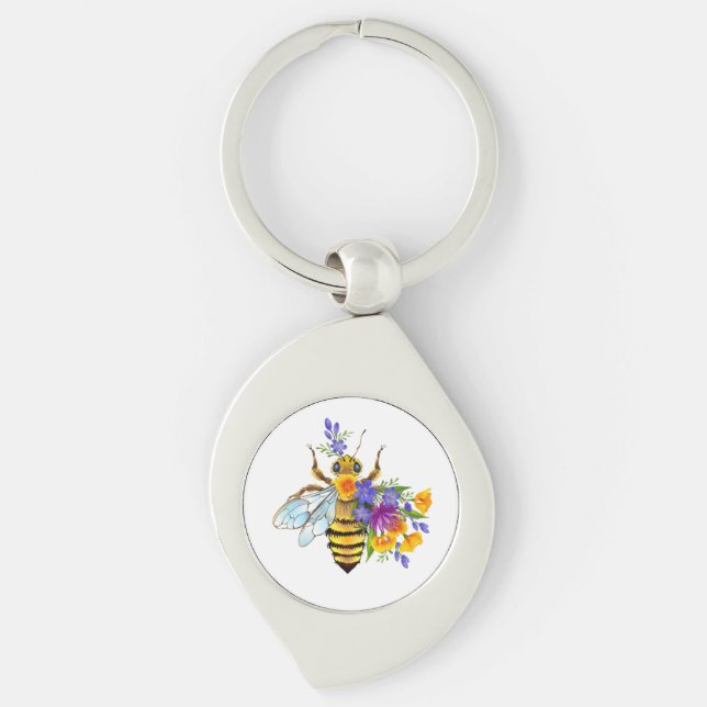 Blombin med vilda växter swirl silverfärgad nyckelring (Framsidan)