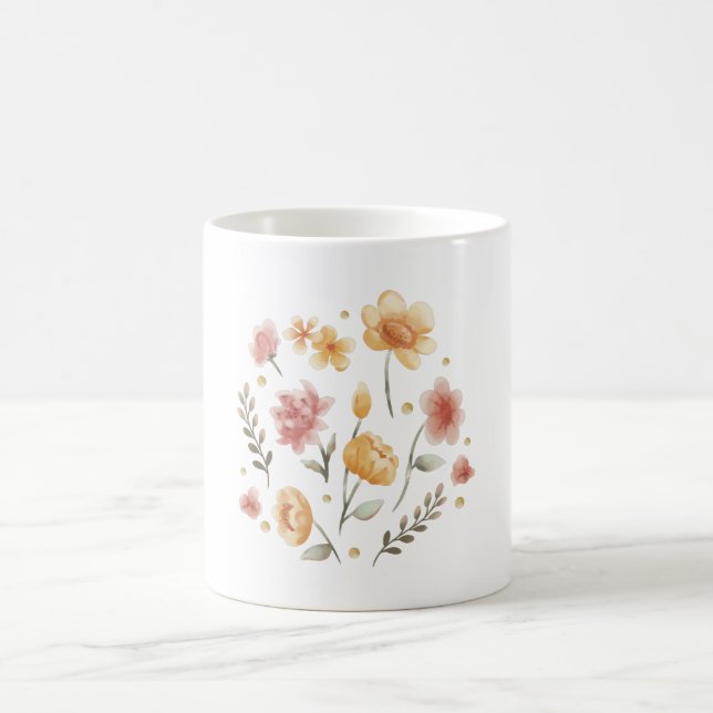 Blomblommor och löv, vattenfärg kaffemugg (Center)