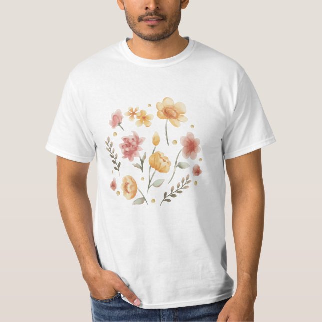 Blomblommor och löv, vattenfärg t shirt (Framsida)