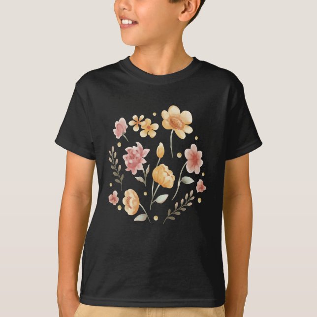Blomblommor och löv, vattenfärg t shirt (Framsida)