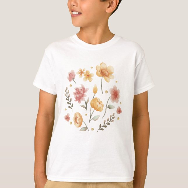 Blomblommor och löv, vattenfärg t shirt (Framsida)