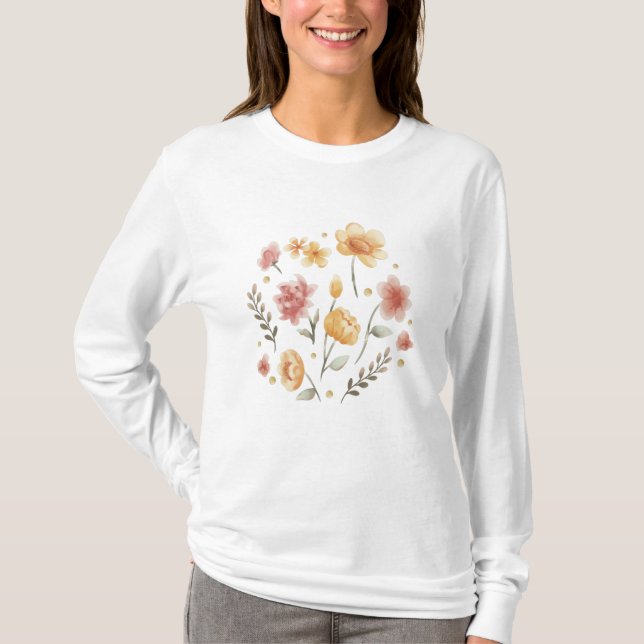 Blomblommor och löv, vattenfärg t shirt (Framsida)