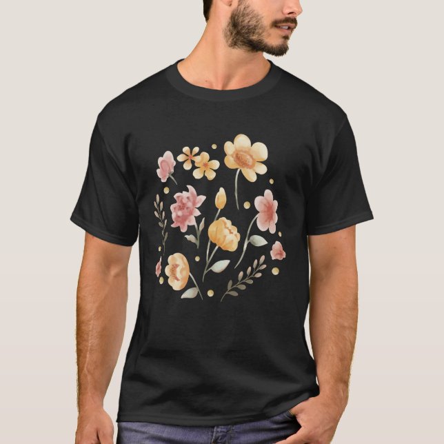 Blomblommor och löv, vattenfärg t shirt (Framsida)