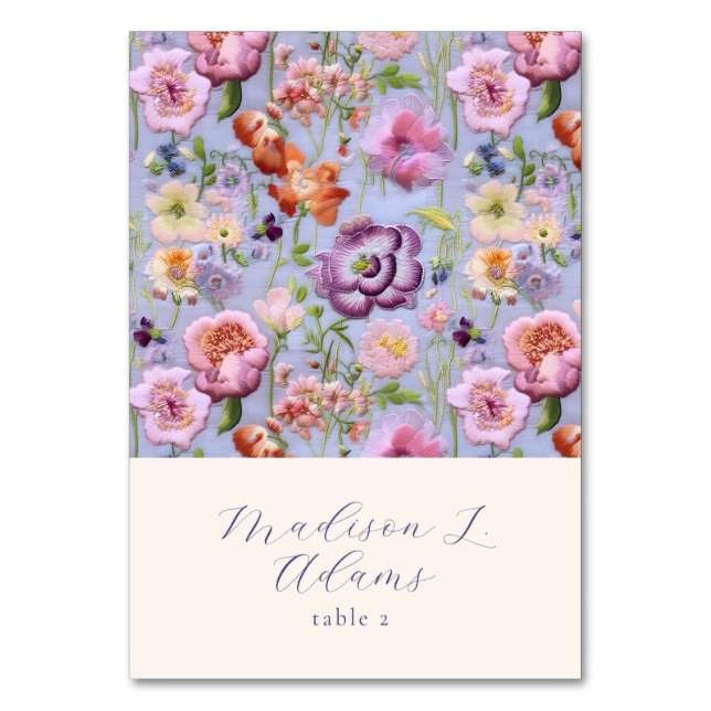 Blombroderiet Bröllop, Namn-monteringskort som kan Bordsnummer (Framsidan)