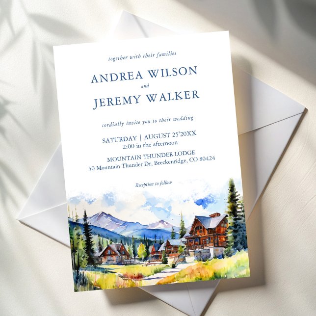 Blombyn Colorado sommar scenery bröllop Inbjudningar (Mountain village Colorado summer landscape scenery wedding Invitation template instant download)