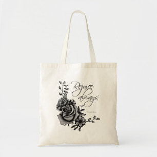 Blomdesign med bibelcitatet "Rejoice Always" Tygkasse