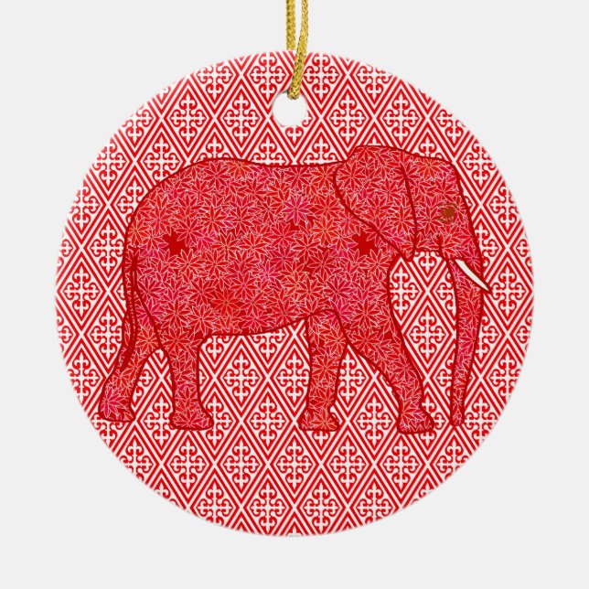 Blomelefant - djup röd och koral julgransprydnad keramik (Framsidan)