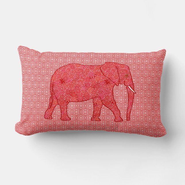 Blomelefant - djup röd och koral lumbarkudde (Framsida)