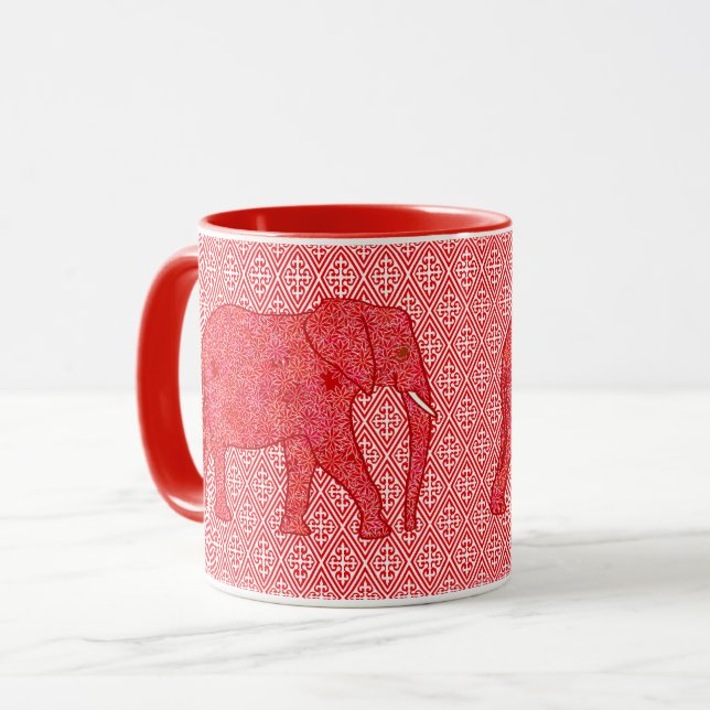 Blomelefant - djup röd och koral mugg (Framsida vänster)