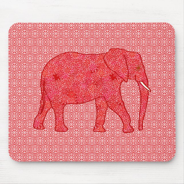 Blomelefant - djup röd och koral musmatta (Framsidan)