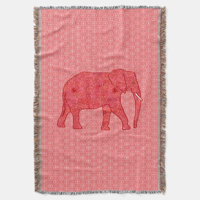 Blomelefant - djup röd och koral mysfilt (Framsidan Vertikal)