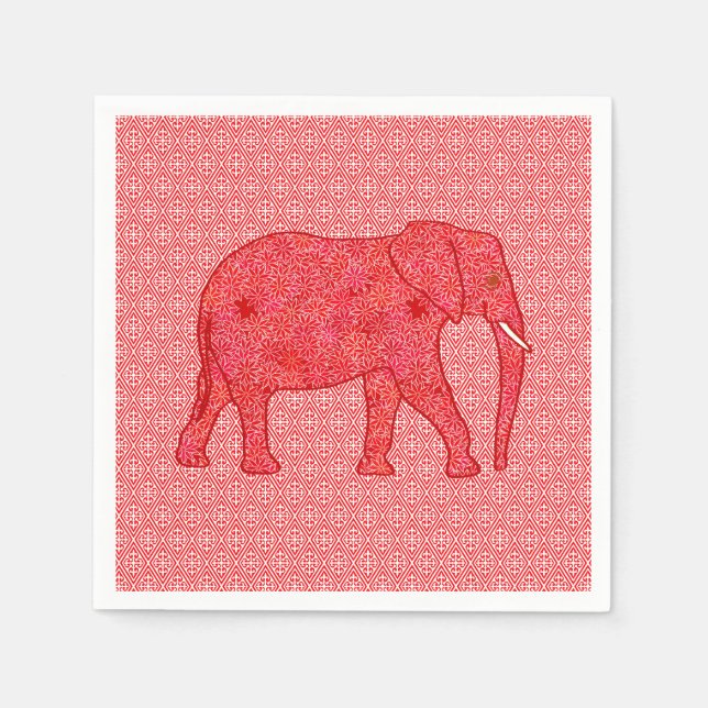 Blomelefant - djup röd och koral pappersservett (Framsidan)