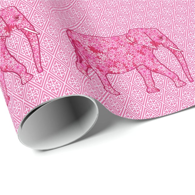 Blomelefant - fuchsisk rosa presentpapper (Rullad Hörn)