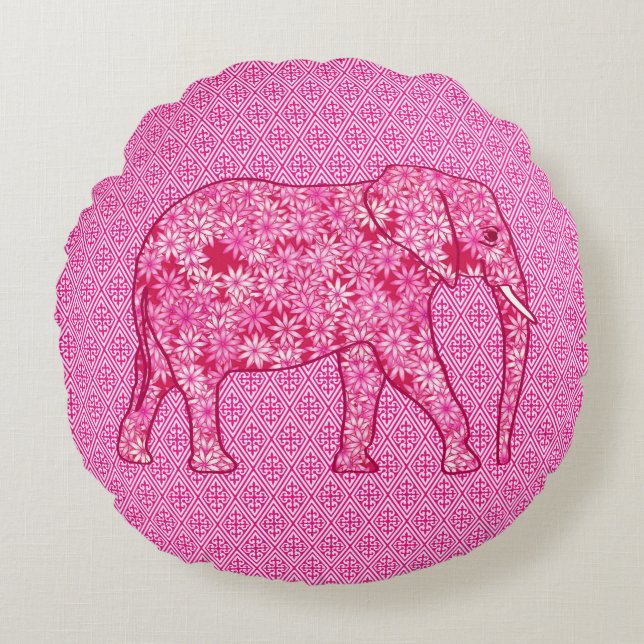 Blomelefant - fuchsisk rosa rund kudde (Framsidan)