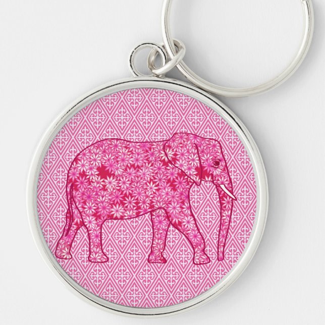 Blomelefant - fuchsisk rosa rund silverfärgad nyckelring (Framsidan)