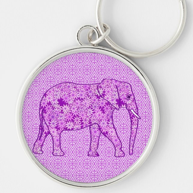 Blomelefant - lila av ametyst rund silverfärgad nyckelring (Framsidan)