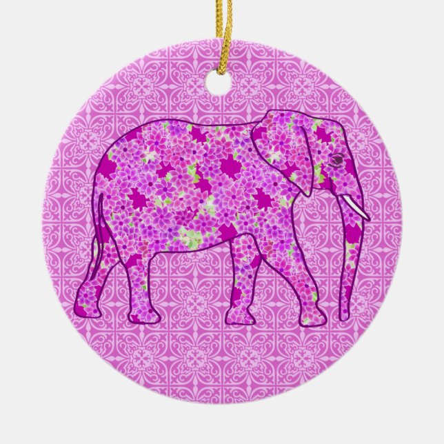 Blomelefant - orkidé och magenta julgransprydnad keramik (Framsidan)