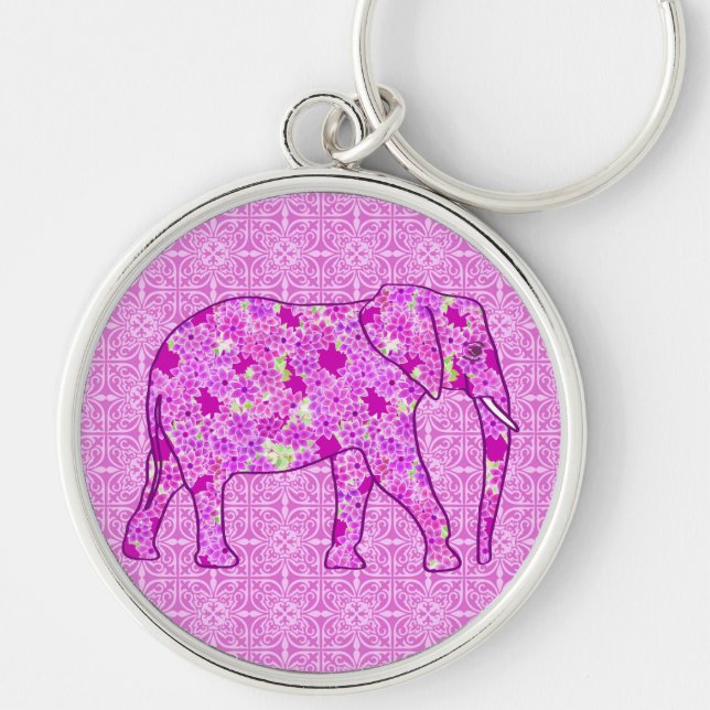 Blomelefant - orkidé och magenta rund silverfärgad nyckelring (Framsidan)