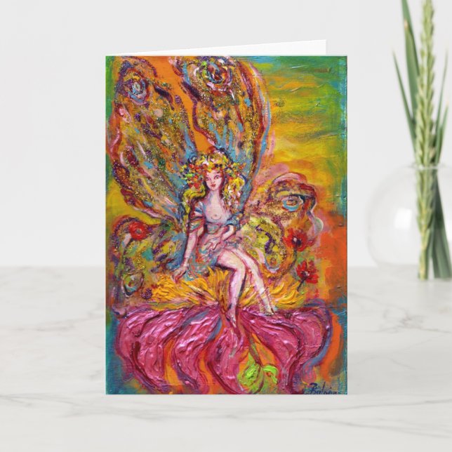 BLOMFAE PÅ ROSA IRIS fantasi Helgkort (Framsida)