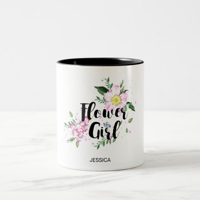 Blomflicka Rosa Blommig Akvarell Bröllop Två-Tonad Mugg (Center)