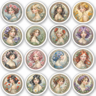 Blomflickor runda Art nouveau vinylStickers Klistermärken