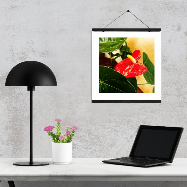 Blomfotografering av enkel röd Anthurium-blomma Poster (Anthurium print 12" square wall art with white mat. )