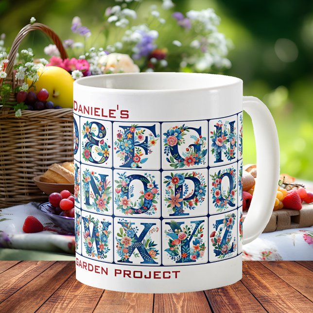 Blomfritt Alphabet Mediterranean Tile Mugg (Mug featuring tiles with the alphabet and flowers in a Mediterranean style - kids - garden)