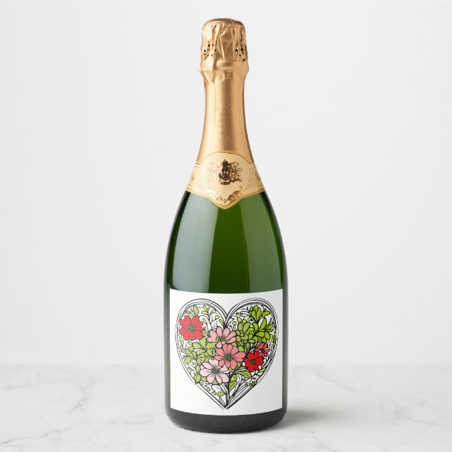 blomhjärtad champagneflasketikett (Framsida)