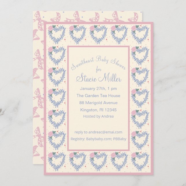 Blomhjärtan och Bows Rosa Baby Shower-inbjudan Inbjudningar (Fram/baksida)