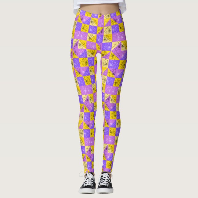 Blomkål på rosa lila och guld abstrakt leggings (Framsida)