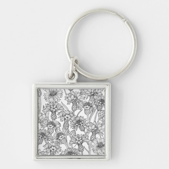 Blomkål, vild, svart och vitt fyrkantig silverfärgad nyckelring (Framsidan)