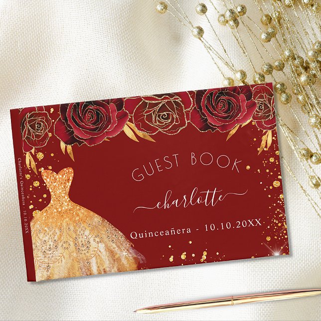 Blomkårblommor i Quinceanera red guld glitter Gästböcker (Skapare uppladdad)