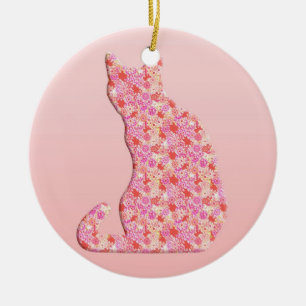 Blomkat - korallorange och rosa julgransprydnad keramik