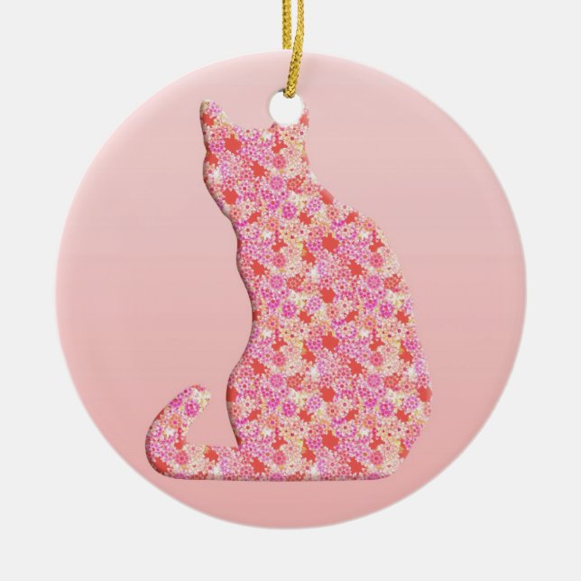 Blomkat - korallorange och rosa julgransprydnad keramik (Framsidan)