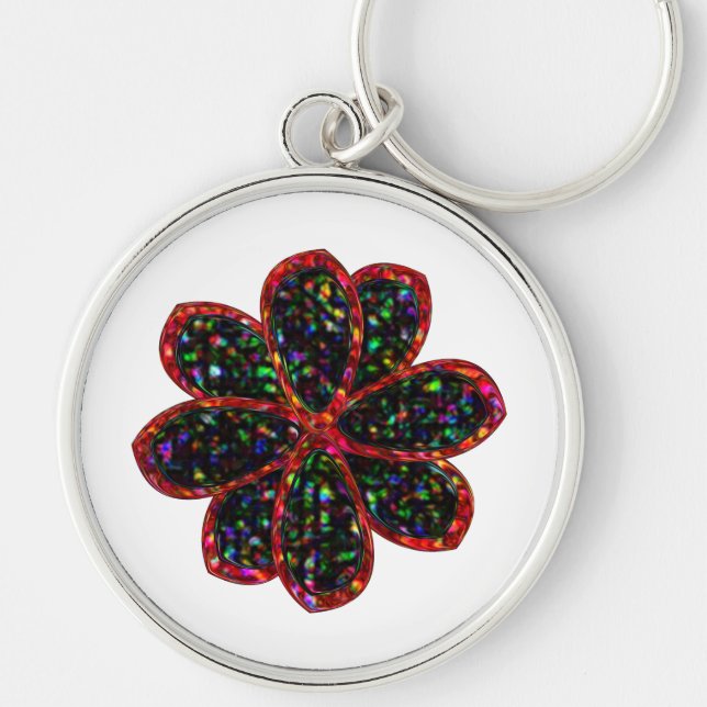 Blomkedja för svart och röd Glitter Rund Silverfärgad Nyckelring (Framsidan)
