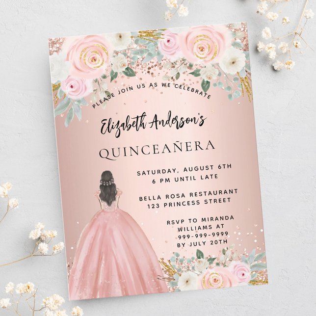 Blomklänningar från Quinceanera ro guld Inbjudan Vykort (Skapare uppladdad)