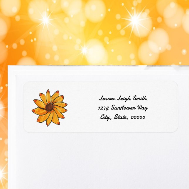Blomklistrad Gult Anpassa Returadress Etikett (A return address label with a hand drawn sunflower and text you can personalize!)