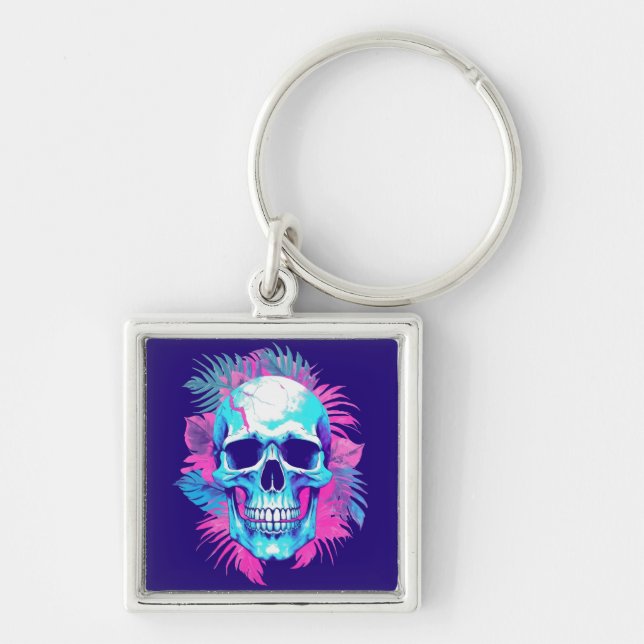 Blomkrani i Vaporwave-stil Fyrkantig Silverfärgad Nyckelring (Framsidan)