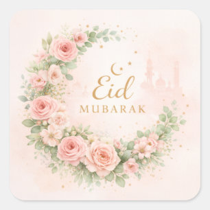 Blomkrans Eid Mubarak-klistermärken – Mjuk Rosa & Fyrkantigt Klistermärke