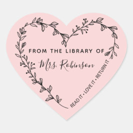 Blomkrans hjärtbibliotek Rosa Hjärtformat Klistermärke