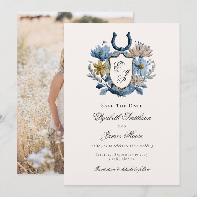 Blomkrön Equestrian Hästsko Monogram Foto Spara Datumet (Fram/baksida)