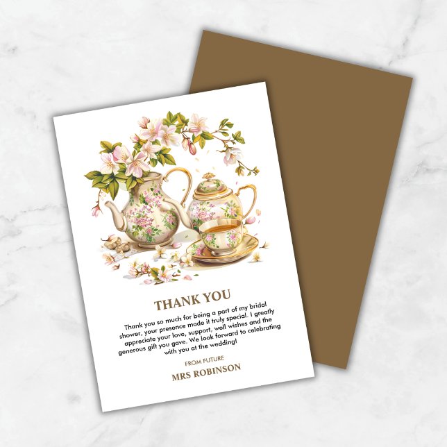 Blomkruka Tekann Tid för Te Bröllopsfest  Tack Kort (Floral Teapot Time for Tea Bridal Shower Thank You Card )
