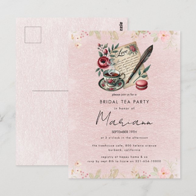 Blomkrukig Tekanna Bröllopsdusch Te-fest Inbjudan (Fram/baksida)