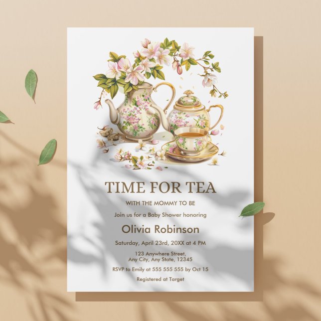 Blomkrukig tekanna Dags för te Bebis shower  Inbjudningar (Floral Teapot Time for Tea Baby Shower Invitation )