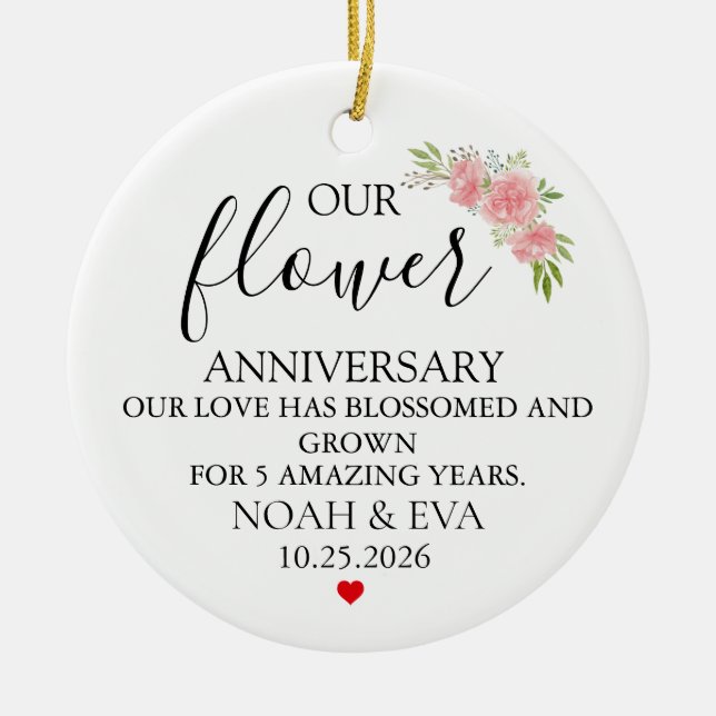 Blomma 5-årsjubileumsgåva, 5-års bröllop julgransprydnad keramik (Framsidan)